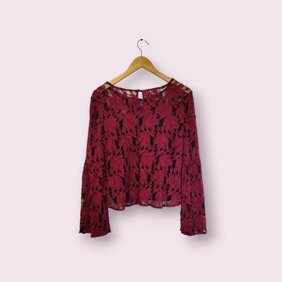 Cupcakes and Cashmere Dark Red/Black Lace Chiffon Top Bell Sleeve Layered SMALL - Picture 2 of 8